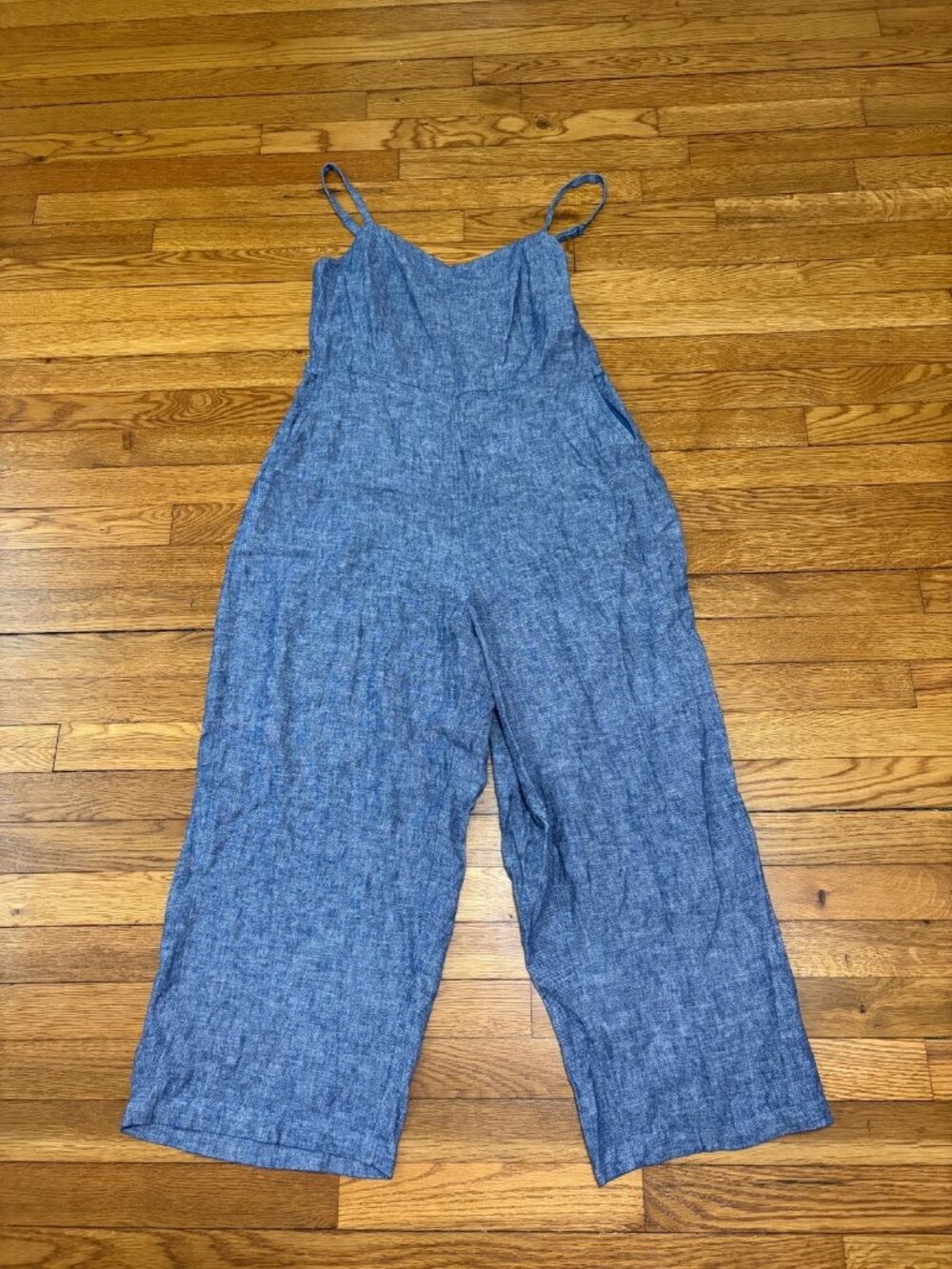 Old Navy Cami Jumpsuit Womens L Blue Linen Blend Wide Leg Smocked Back Coastal